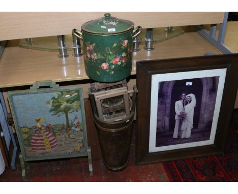 A woolwork firescreen, a large oak picture frame, painted log bucket and a folding occasional table, etc.