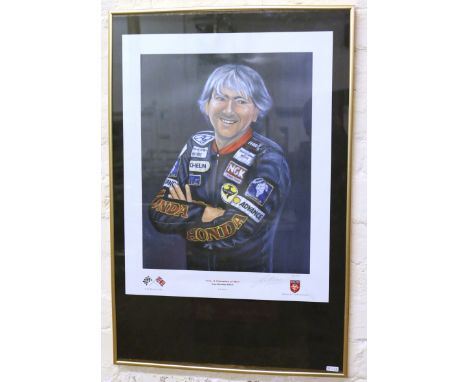 A signed limited edition framed print of Joey Dunlop by Jim Blanchard.