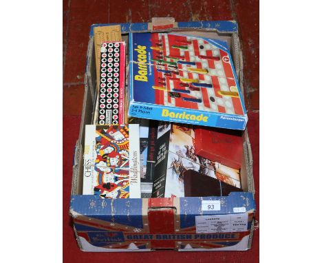 A box of board games to include barricade, cribbage, bezique, chess set etc.