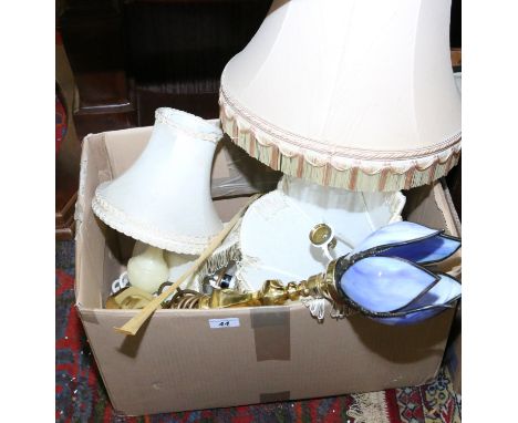 A box of tablelamps to include ceramic, soap stone and brass based examples.