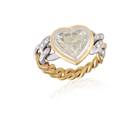 A DIAMOND DRESS RINGCentring a collet-set heart-shaped diamond weighing approximately 3.00cts, between single-cut diamond sho