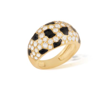 AN ENAMEL AND DIAMOND DRESS RINGOf bombé design, the frontispiece set with brilliant-cut diamond highlighted with black ename