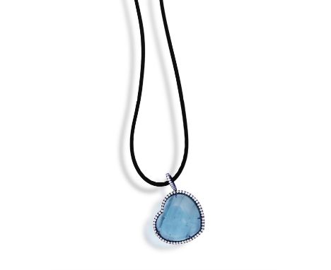 MARGHERITA BURGENER: AN AQUAMARINE, DIAMOND AND TITANIUM PENDANTThe heart-shaped aquamarine cabochon, weighing approximately 