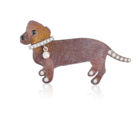 MARGHERITA BURGENER: A DIAMOND NOVELTY BROOCHDesigned as a dachshund, the collar highlighted with brilliant-cut diamonds, to 