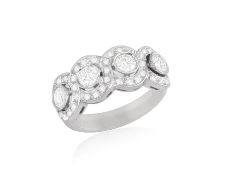A DIAMOND DRESS RINGComposed of four collet-set brilliant-cut diamonds, within a similarly-cut scrolling frame, mounted in 18