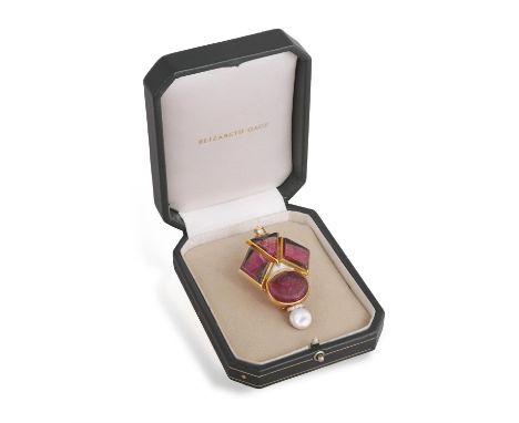 ELIZABETH GAGE: A WATERMELON TOURMALINE, CULTURED PEARL AND DIAMOND BROOCH, LONDON, CIRCA 1995The fancy-shaped brooch set wit