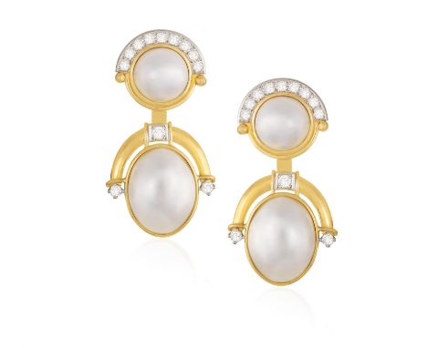 OTTO POULSEN: A PAIR OF MABÉ PEARL AND DIAMOND PENDENT EARRINGS Of interchangeable design, each detachable pendent collet-set