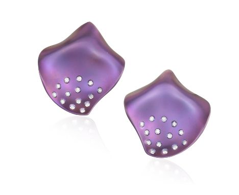 MARGHERITA BURGENER: A PAIR OF DIAMOND AND TITANIUM EARRINGSEach designed as an undulating petal highlighted with single-cut 