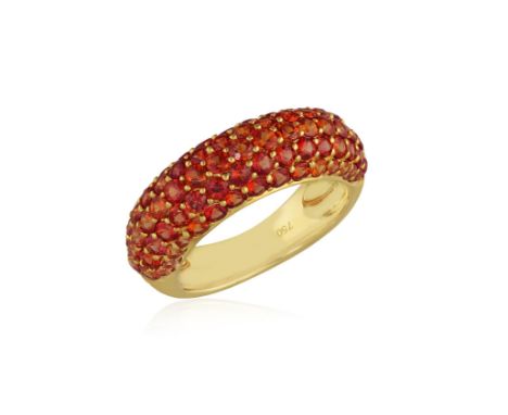 AN ORANGE SAPPHIRE RINGOf bombé design, the frontispiece set with circular-cut orange sapphires, mounted in 18K gold, ring si