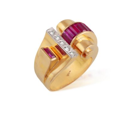 A RETRO RUBY AND DIAMOND RING, CIRCA 1945The sculpted mount set with calibré-cut synthetic rubies accented with single-cut di