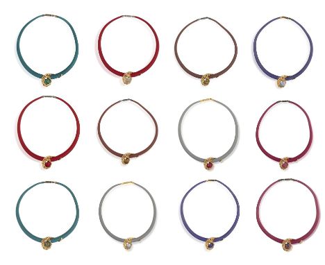 GILBERT ALBERT: A GOLD AND DIAMOND ‘LES BILLES-BIJOUX’ PENDANT WITH GEMSTONE BEADS AND LEATHER NECKLACES The interchangeable 