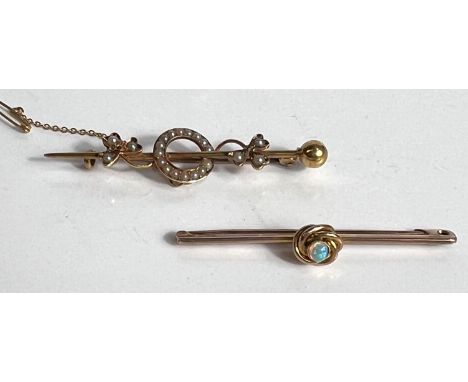A 19th century yellow metal bar brooch set seed pearls and another set opal cabochon, 7.6gm 