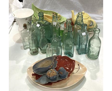 A selection of Carltonware green leaf pieces;&nbsp;a selection of vintage glass bottles, some with glass marble stoppers 