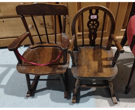 A child's rocking armchair with wheel back; a child's rocking armchair with stick back 