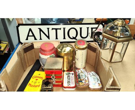 An 'Antiques' metal street sign, a cigar box, a collection of tins and an antique style hanging light, razor sharpener 