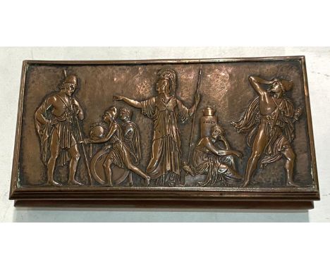 A copper rectangular trinket box, the hinged lid embossed with a classical scene, length 15cm 