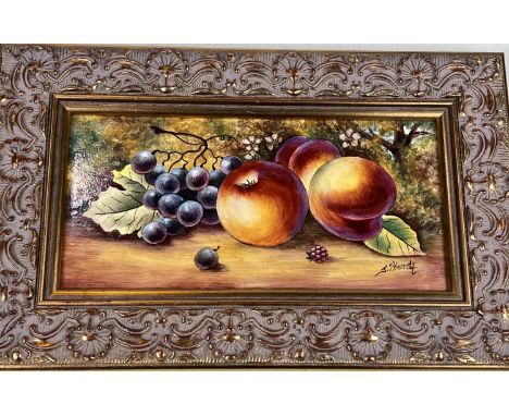 James Skerrett: A Royal Worcester rectangular wall plaque hand painted with fruit 9 x 19cm, signed and framed 