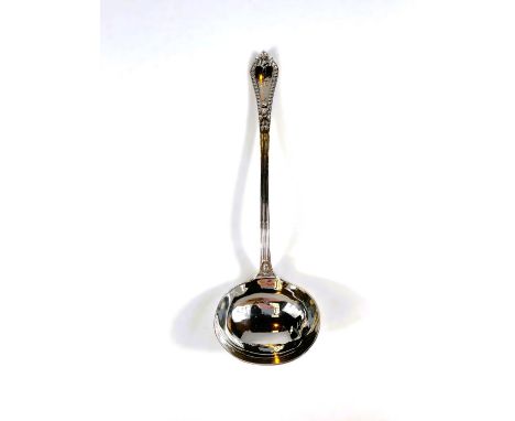 A hallmarked silver large soup ladle with thread border and beaded terminal, London 1864, 10oz 