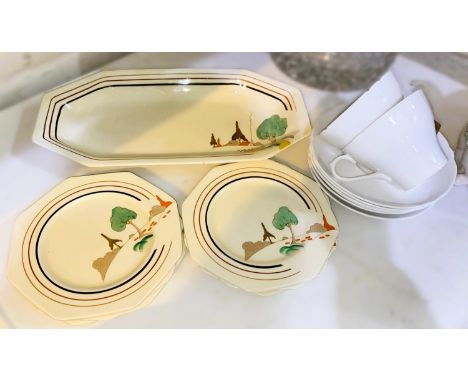 A 1930's Art Deco seven piece sandwich service, Clarice Cliff with Royal Staffordshire marks to reverse, long dish and plates