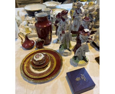 A collection of Limoges, France 20th century pottery including trinket items, figures etc and a boxed Crown Derby trinket box