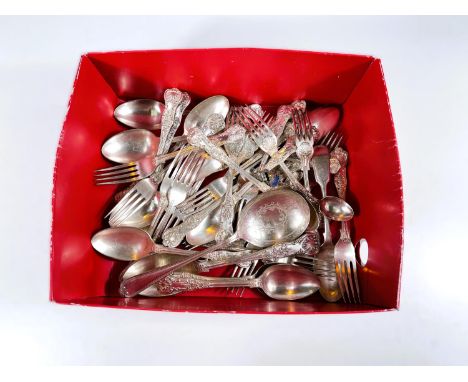 A selection of Kings pattern silver plated cutlery; a silver and enamel teaspoon 