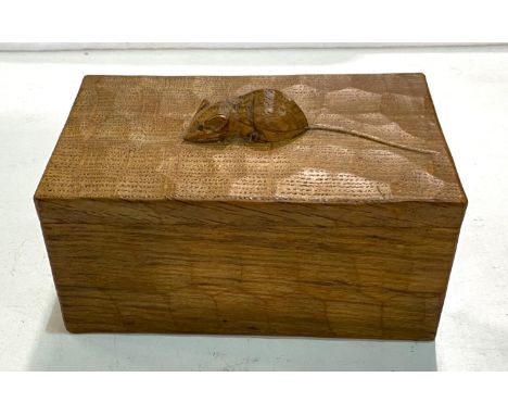 Robert 'Mouseman' Thompson (Kilburn) workshop, carved oak covered rectangular box with mouse atop, 17 x 10.5cm. 