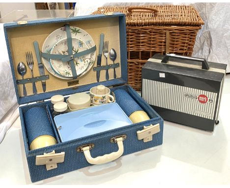 A Brexton fitted picnic box; a picnic basket; a Eumig Mark 8 projector 