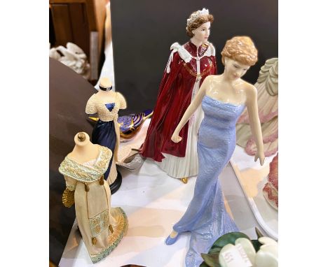 A Royal Doulton figure:  Diana, Princess of Wales; a Royal Worcester figure:  QEII 80th Birthday; a Royal Crown Derby wren; 2