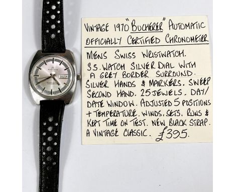 A Bucherer gents vintage c. 1970's automatic chronometer with silvered dial and grey border, on replacement leather strap 