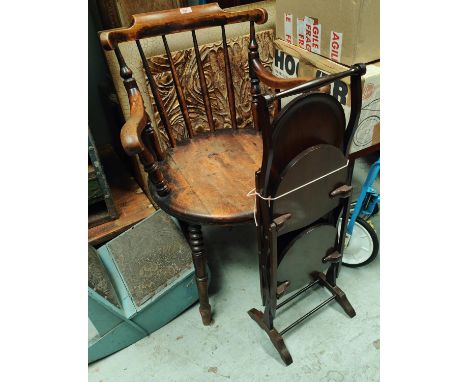 A 19th century stick back kitchen chair; a 4 height folding cake stand 