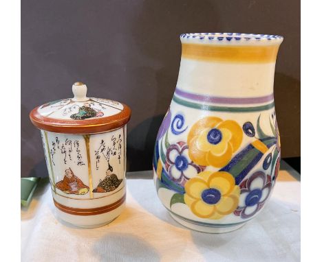 A 1950's/60's baluster vase by Poole Pottery; a Japanese covered vase with figures and text in panels 