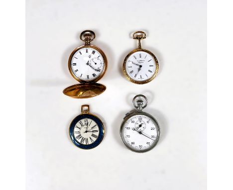 A gold plated full hunter pocket watch with white dial Roman numerals, a Verity pocket watch with blue enamel style case, a R