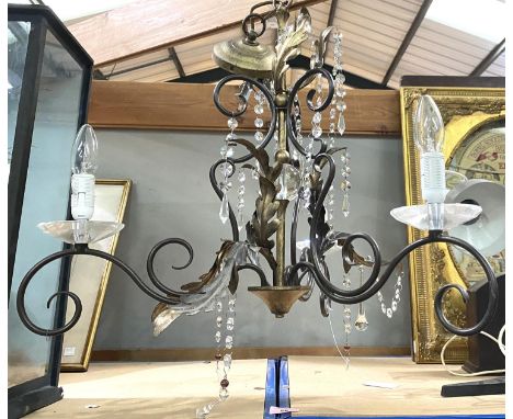 A centre light chandelier fitting, 3-branch with glass drops; 2 1970's angle poise lamps 