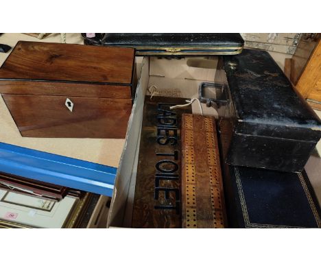 A 19th century mahogany two divide tea caddy, a cased pair of bone glove stretchers and Ladies toilet sign etc 