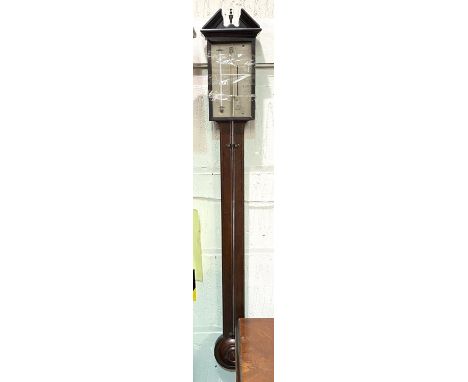 A Georgian stick barometer, the mahogany case with architectural pediment, boxwood and ebony string inlay, silvered scale and