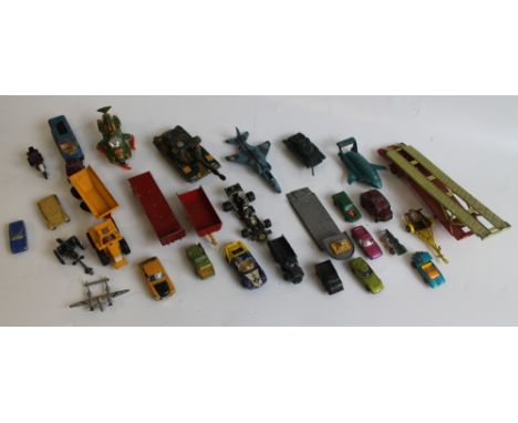 A BOX OF VARIOUS TOY VEHICLES, to include a Dinky Transporter, a Thunderbird 2 a/f, Dinky UFO interceptor a/f, Matchbox, Corg