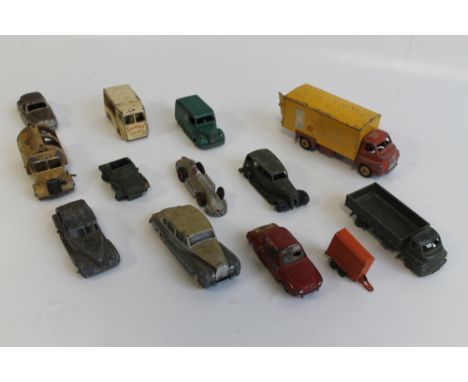 A COLLECTION OF PLAYWORN DINKY AND DUBLO DIECAST VEHICLES, to include Vauxhall, Rover 75, Heinz Beans Bedford Lorry 