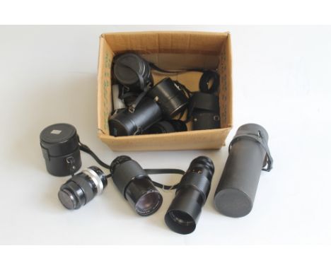 A TRAY OF ASSORTED CAMERA LENS, to include a Vivitar 28mm autowide angle, a Tamron autozoom, a Hoya HMZ zoom, etc  