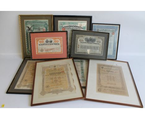 A COLLECTION OF NINE FRAMED SHARE CERTIFICATES, to include Russian, American, Rail Roads, etc 