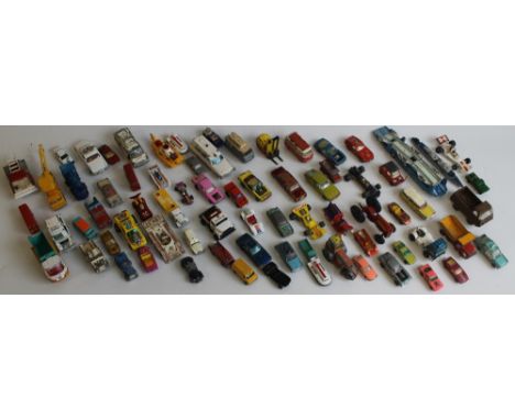 A BOX OF PLAYWORN DIECAST CARS, to include Corgi The Beatles yellow submarine a/f, a Corgi car transporter, and various Dinky