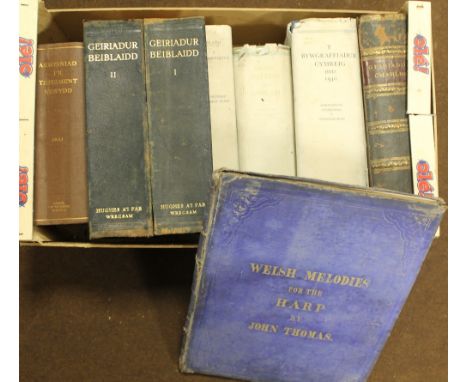 A BOX OF WELSH LANGUAGE BOOKS together with 'Welsh Melodies arranged for the Harp' by John Thomas, Boosey & Sons, signed by J