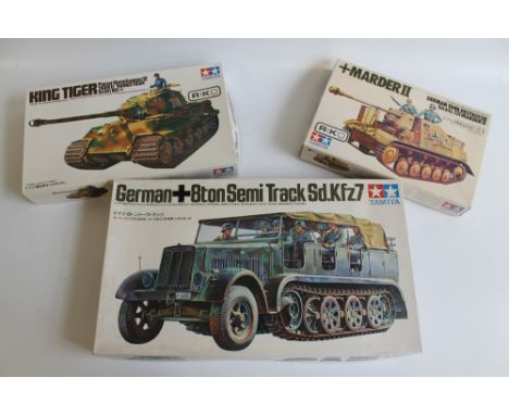 THREE BOXED 1/35TH SCALE UNMADE TAMIYA PLASTIC MODELS, to include German 8-ton Semi -Track, German King Tiger II and German T