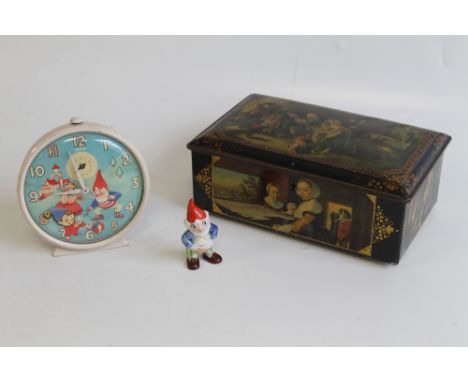 A SMITHS NODDY MECHANICAL ALARM CLOCK, together with a Big Ears ceramic figure and a metal toffee tin