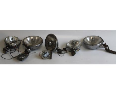 A COLLECTION OF VINTAGE CAR HEAD LAMPS, to include a pair of 'Lucas SLR 700 s' types, together with minor gauges, etc  