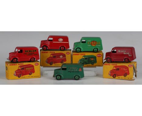 Five Dinky Toys Trojan vans, comprising No. 450 'Esso', No. 451 'Dunlop', No. 454 'Cydrax', No. 455 'Brooke Bond Tea', all bo