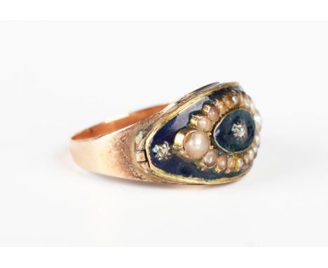 A gold, rose cut diamond, seed pearl and dark blue enamelled ring of oval design, centred by a rose cut diamond within a surr