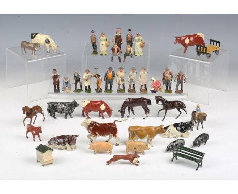 A collection of Britains, John Hill &amp; Co and other lead farm items, including carts, cows, bulls, horses, dogs, kennels, 