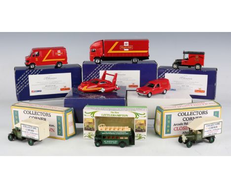 A collection of diecast vehicles, including a Corgi No. 60007 Cadbury truck set and play mat, a Maisto 1:18 scale Jaguar XJ22