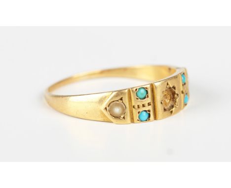 A late Victorian 18ct gold, turquoise, pale blue gem and half-pearl ring, Chester 1889, weight 2.8g, ring size approx O (the 