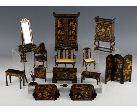 A suite of chinoiserie-decorated doll's house furniture by Judith Dunger, comprising two-seat settee, dining chair, pair of b